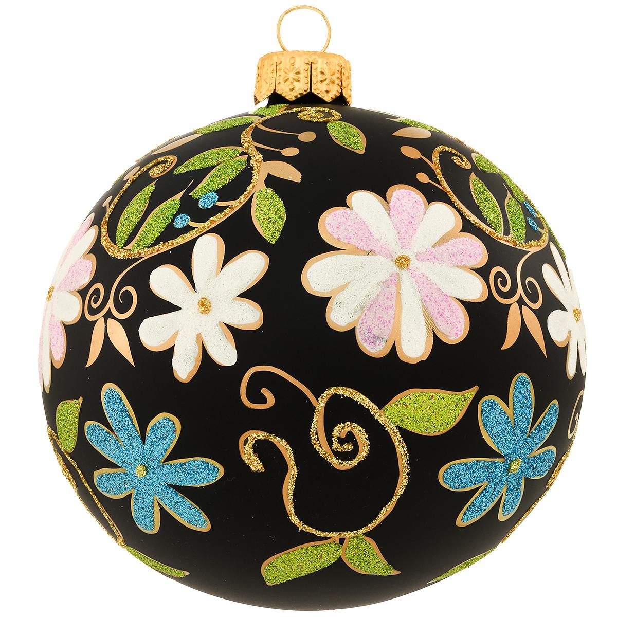 Flowers On Black Glass Ornament