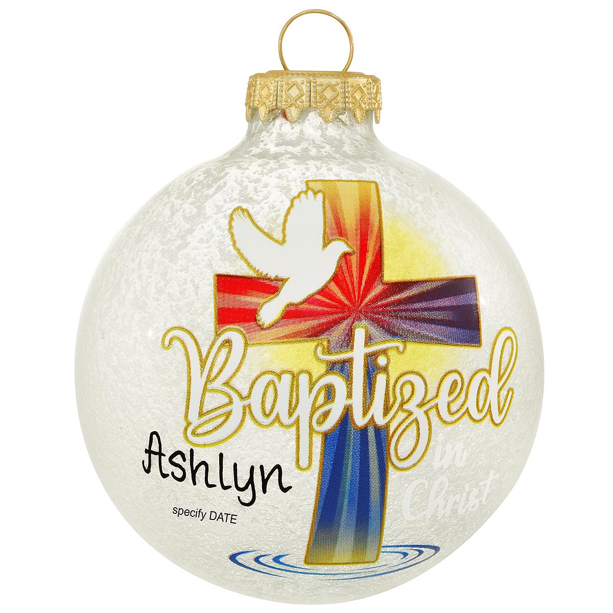 Personalized Baptized In Christ Dove And Cross Round Rain Glitter Glass Ornament