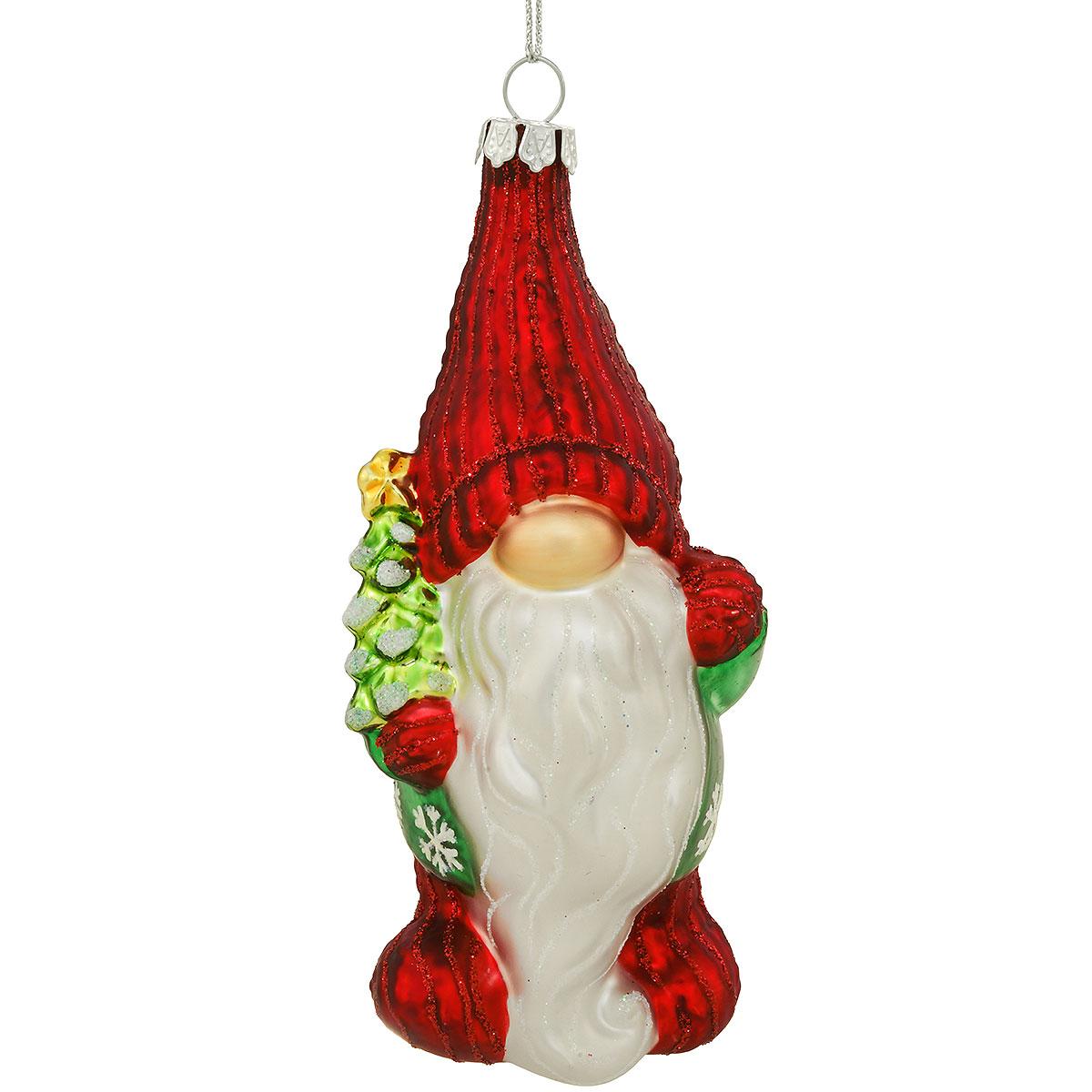 Gnome With Tree 5 Inch Glass Ornament
