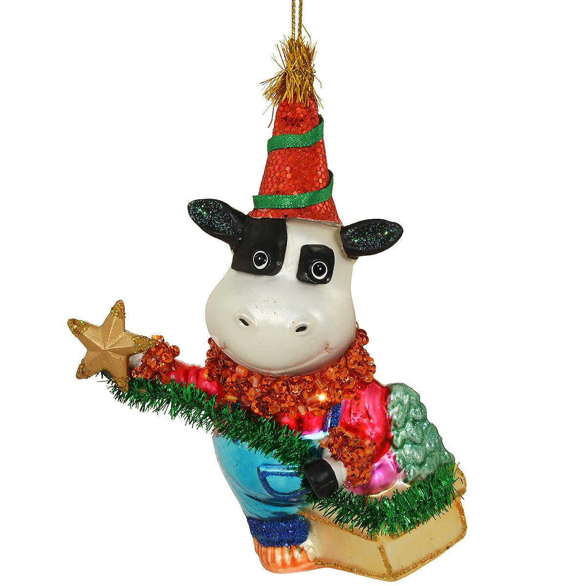 Party Cow With Christmas Decorations Glass Ornament