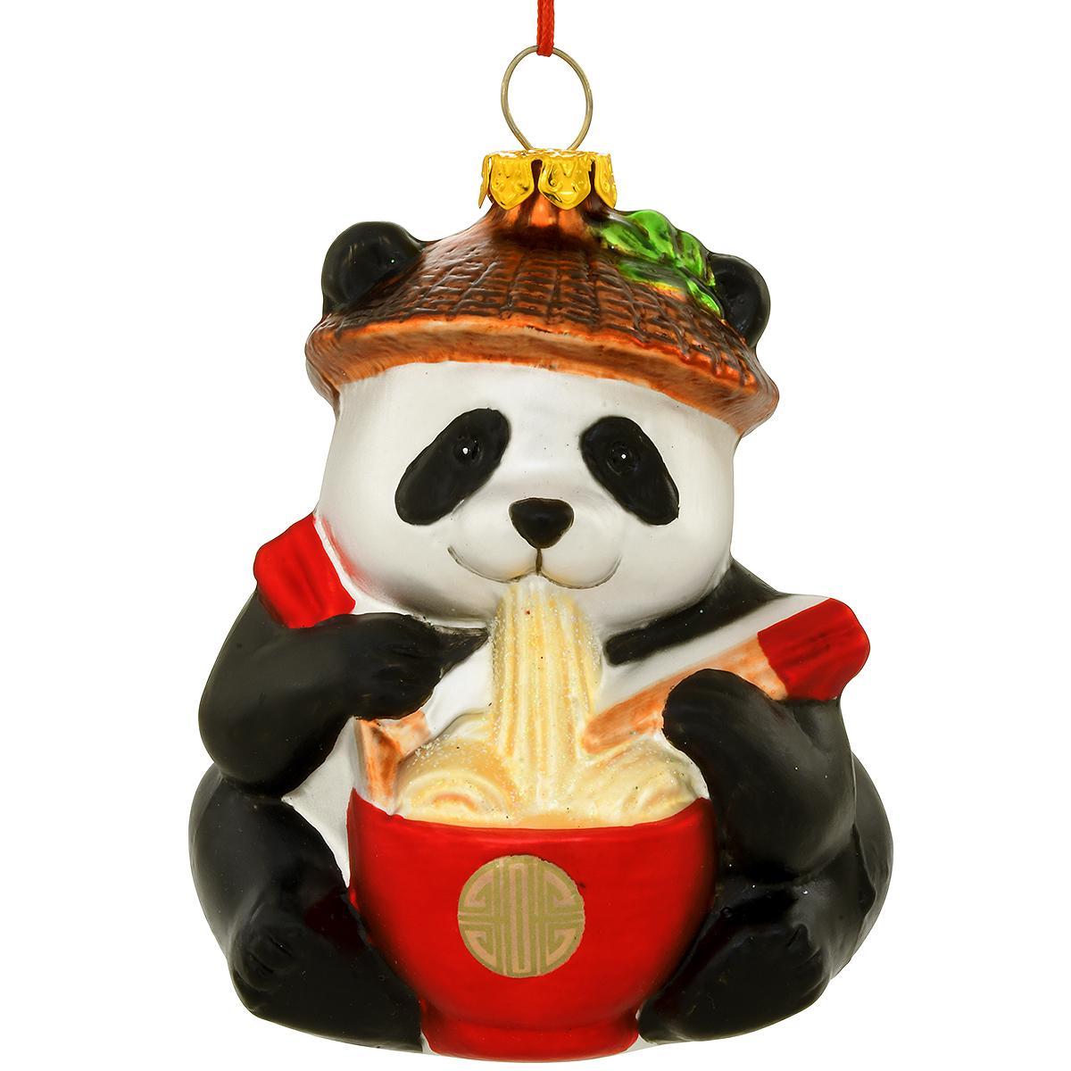 Panda Eating Noodles Glass Ornament