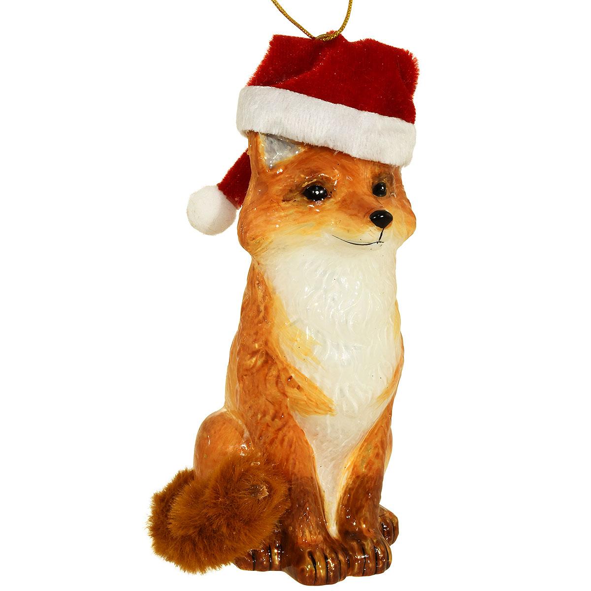 Fox With Santa Hat Glass Ornament