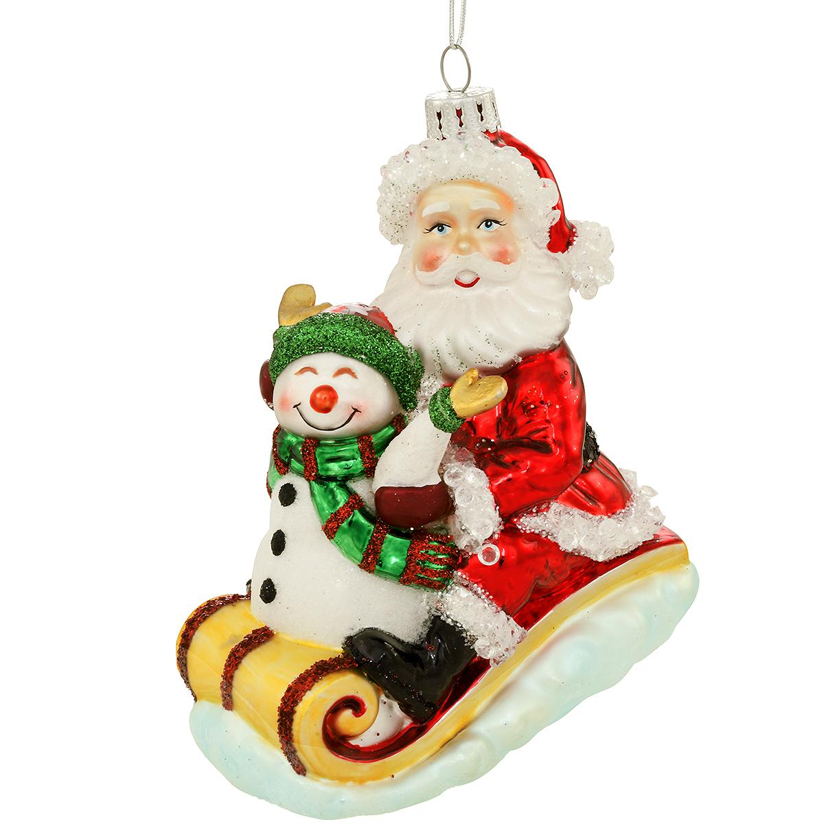 Santa With Snowman On Sled Ornament