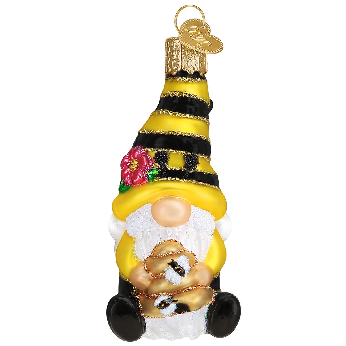 Bee Happy Gnome Glass Ornament