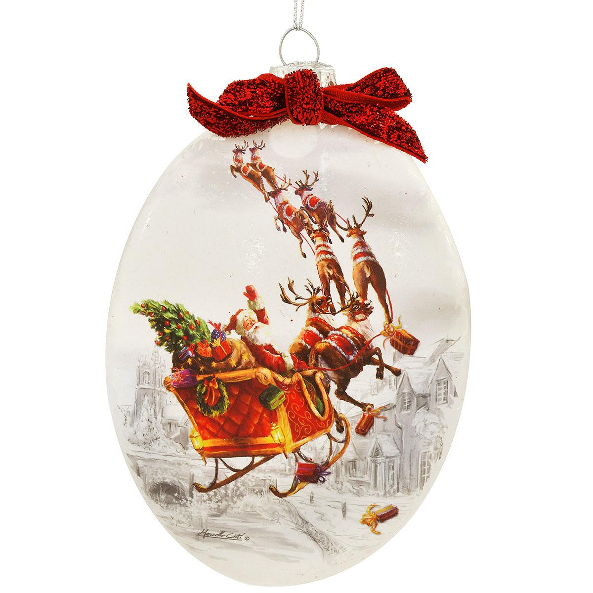 Santa In Sleigh Above Rooftops Glass Ornament