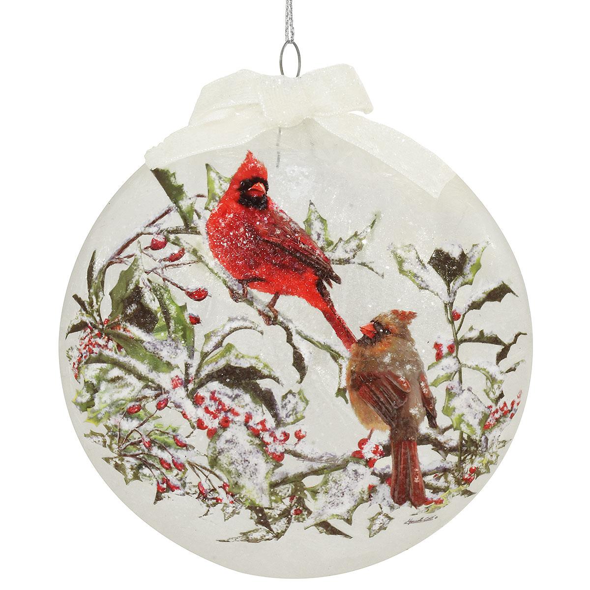 Cardinal ice crackle disc glass ornament with white bow