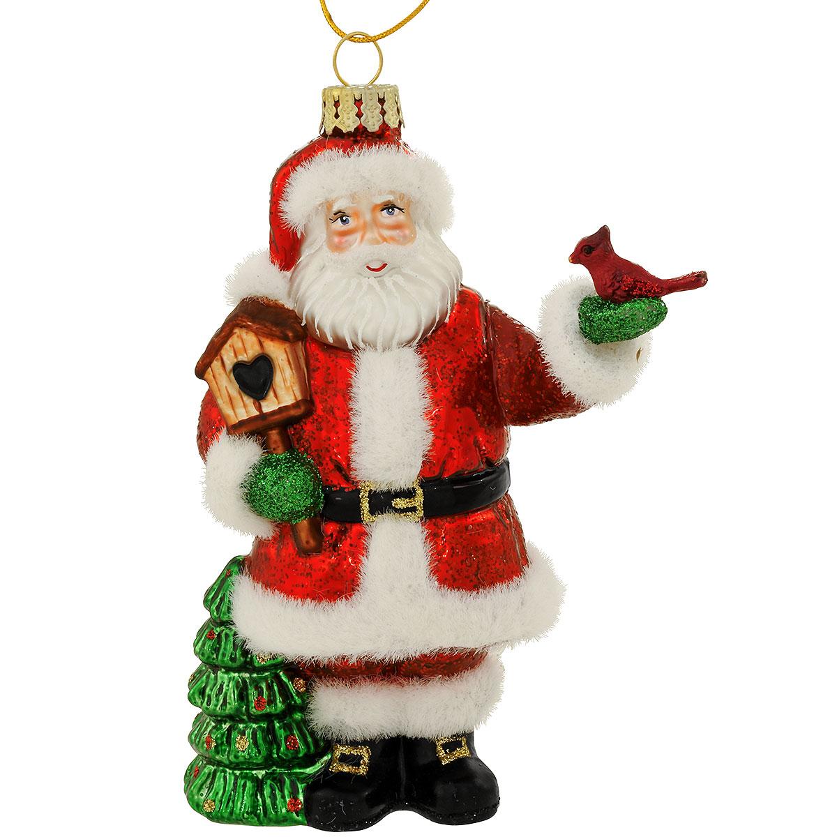Santa with birdhouse and cardinal glass ornament