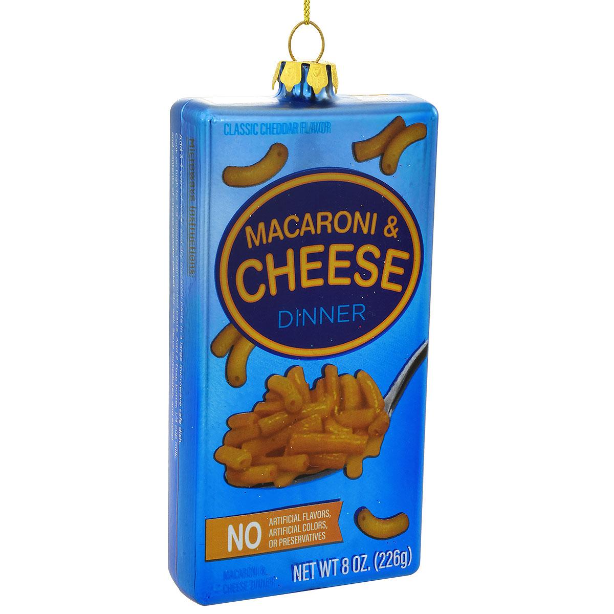 Blue box of macaroni and cheese glass ornament