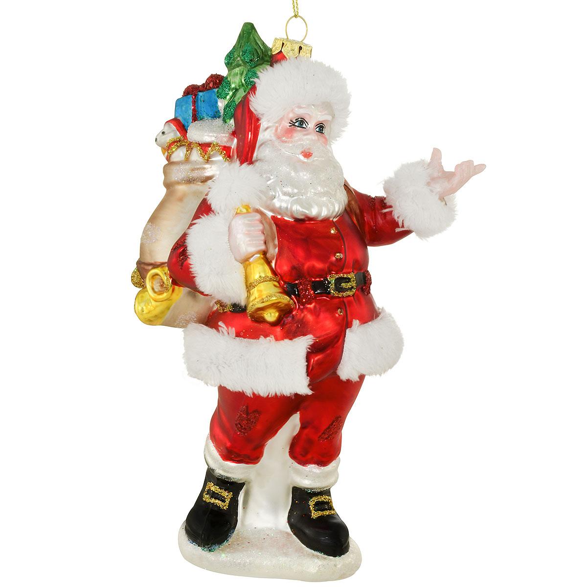 Santa With Gift Bag And Hand Bell Glass Ornament