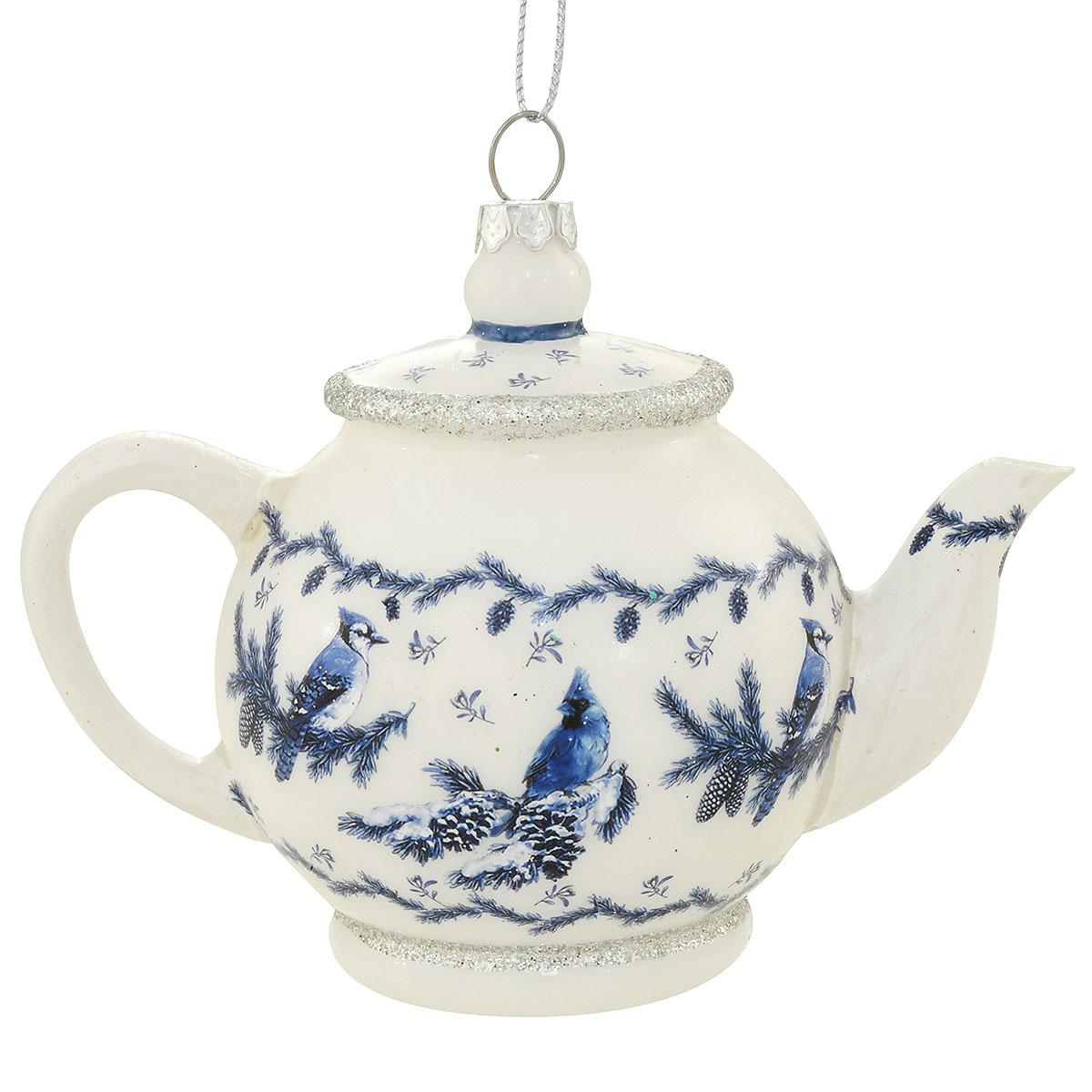 Delft-Style Cardinal And Blue Jay Tea Pot Glass Ornament