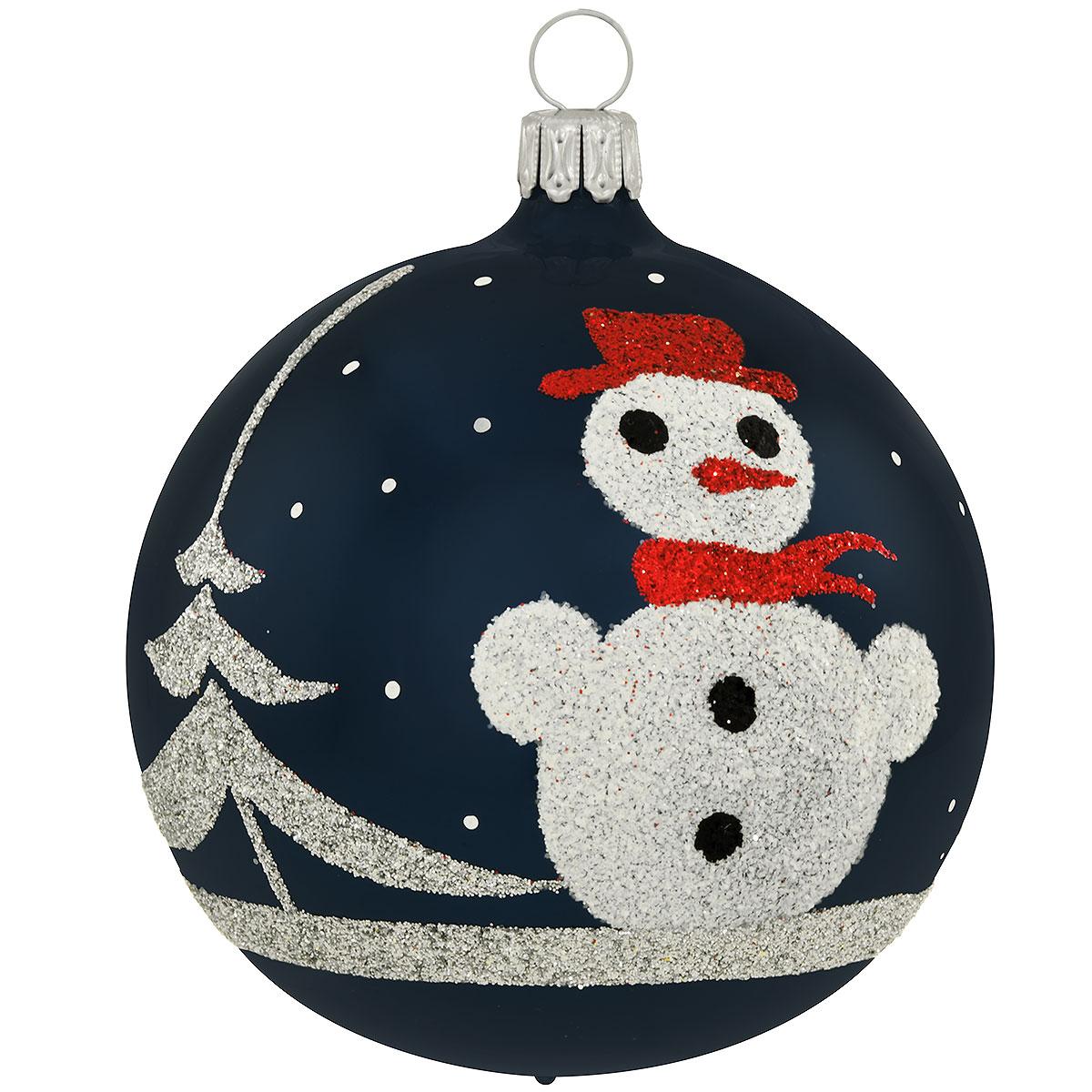 Blue Glass Ornament With Snowman