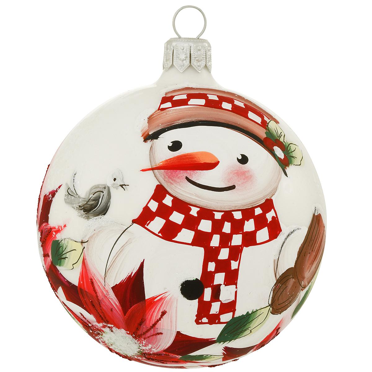 Snowman And Poinsettias Ornament