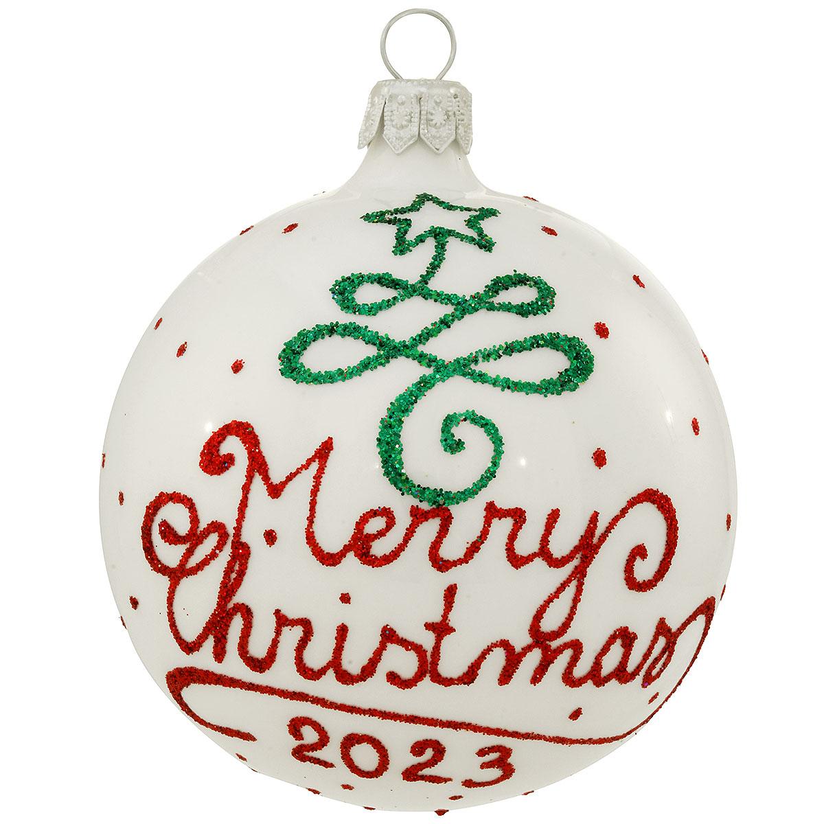Tree With Merry Christmas 2023 White Glass Ornament