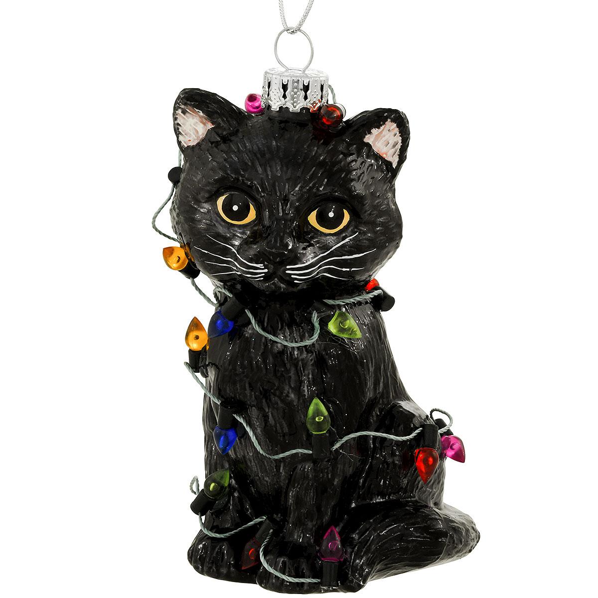 Black tabby cat wrapped in lights glass ornament