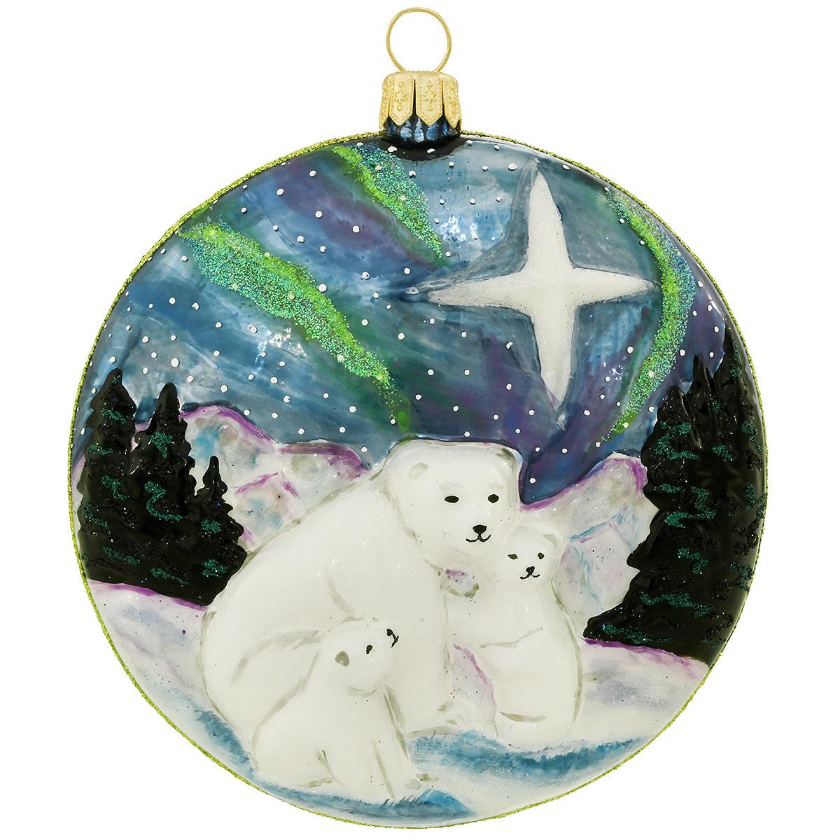 Bronner's 2023 Annual design glass ornament polar bears in Northern lights disc