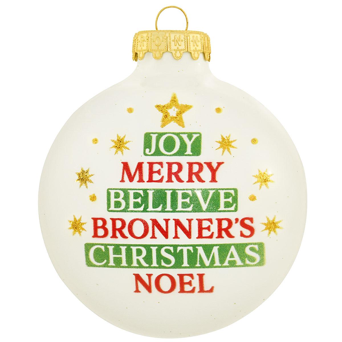 Joy Merry Believe Word Tree Bronner's Glass Christmas Ornament