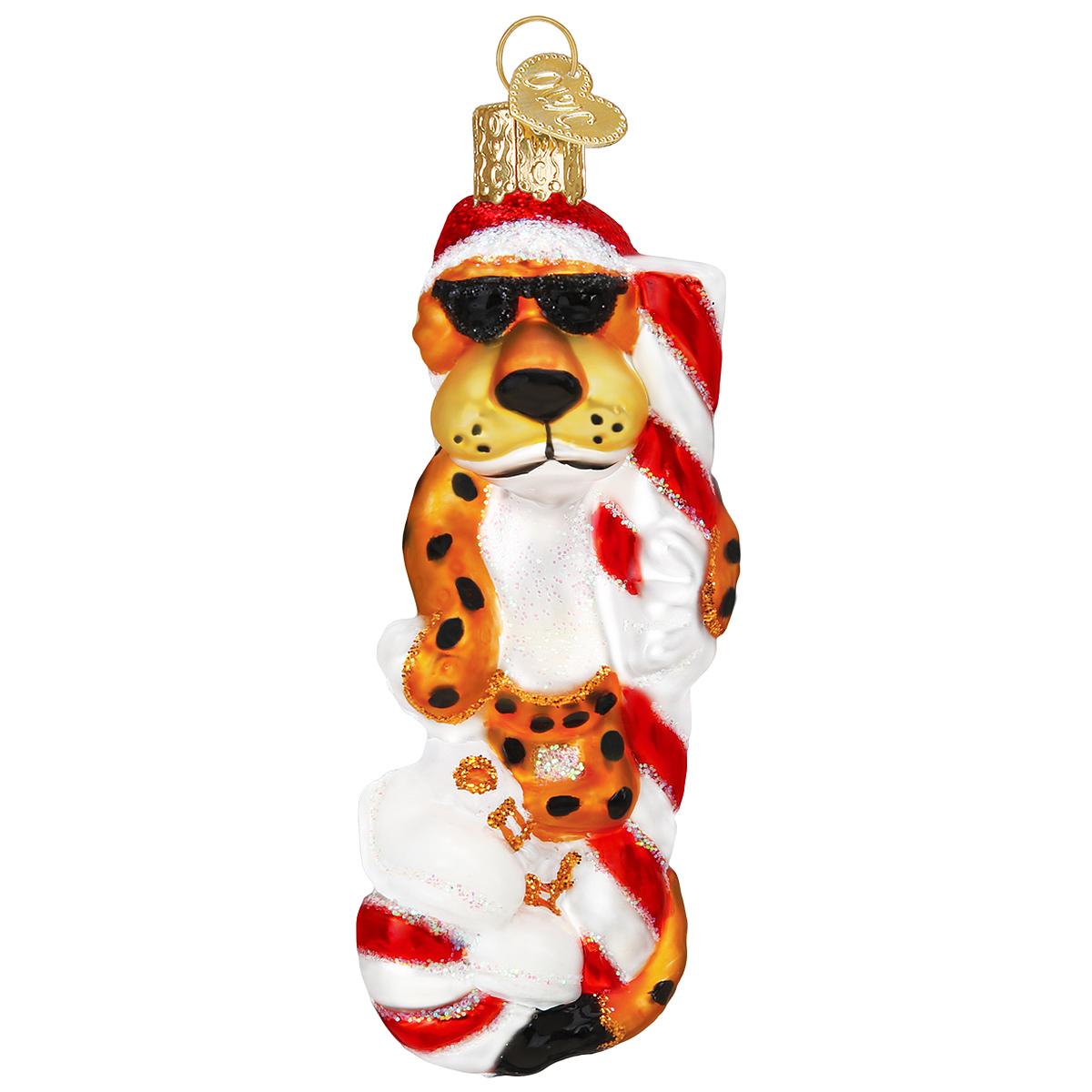 Chester Cheetah On Candy Cane Glass Ornament