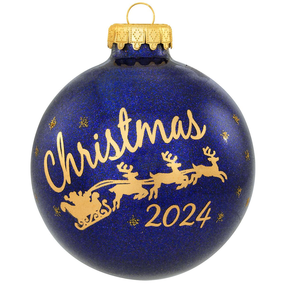 2024 Dated Santa Sleigh Gold Silhouette On Sapphire Blue Glass Sparkle Ornament