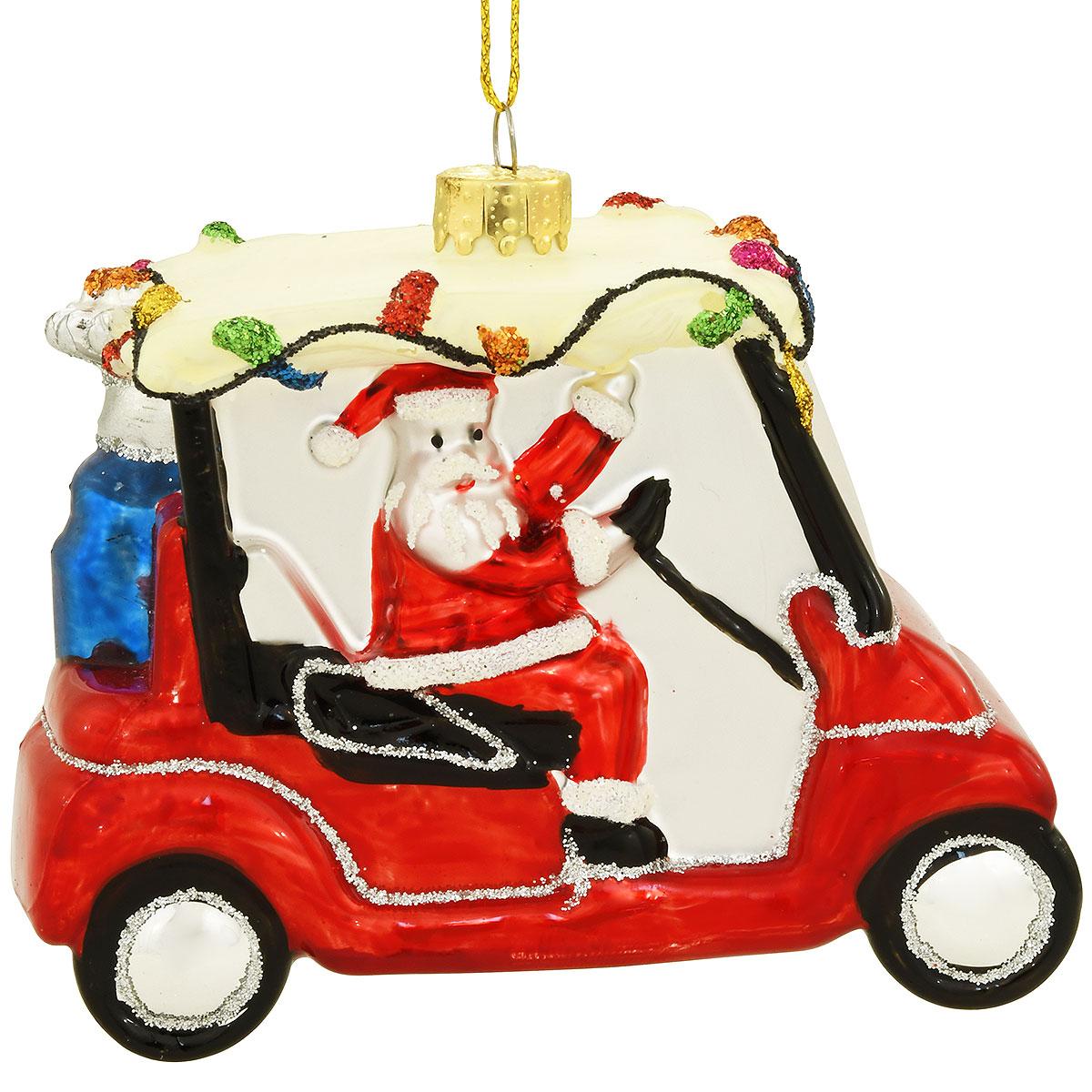 Golf Cart With Santa Glass Ornament