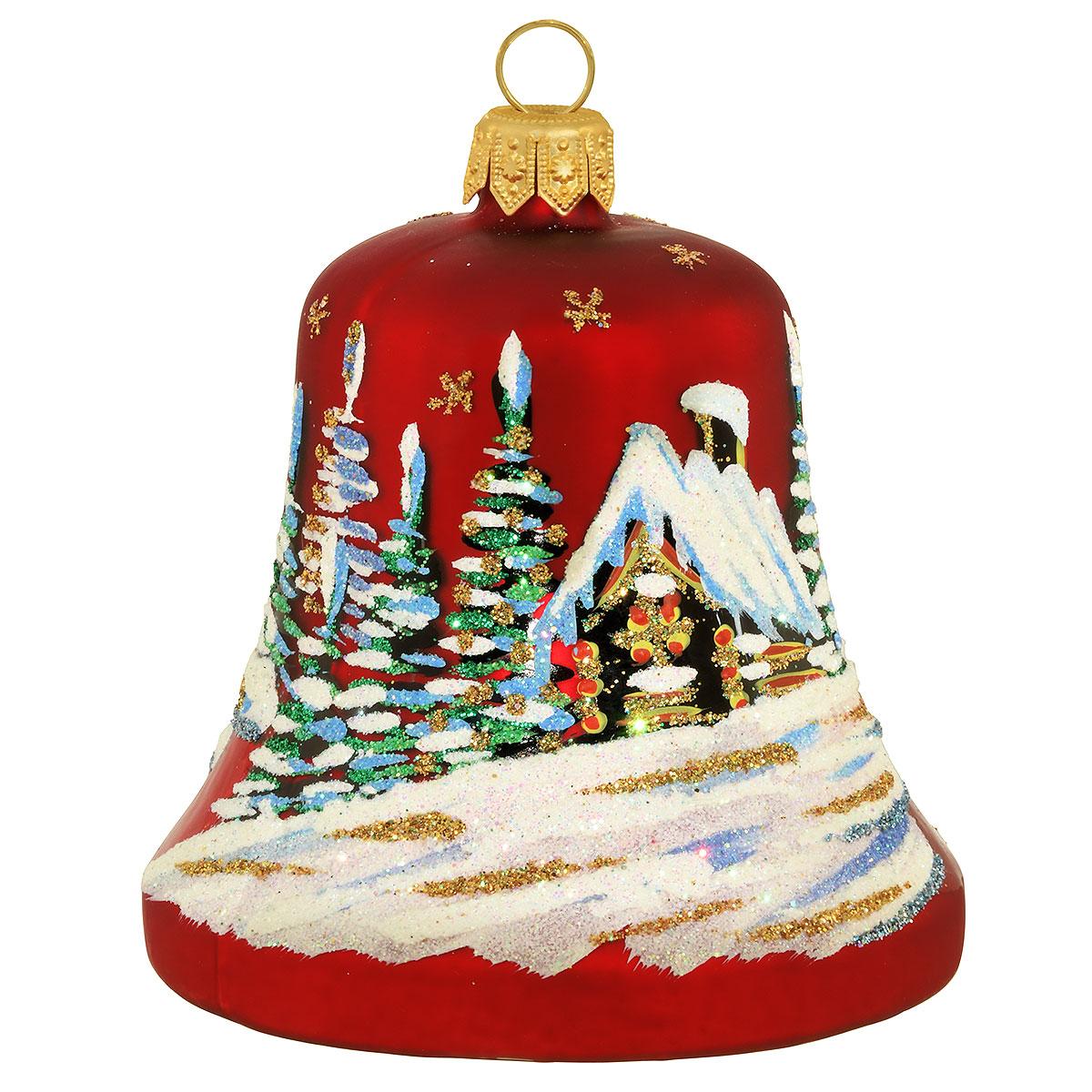 Cabin Scene On Red Bell Ornament
