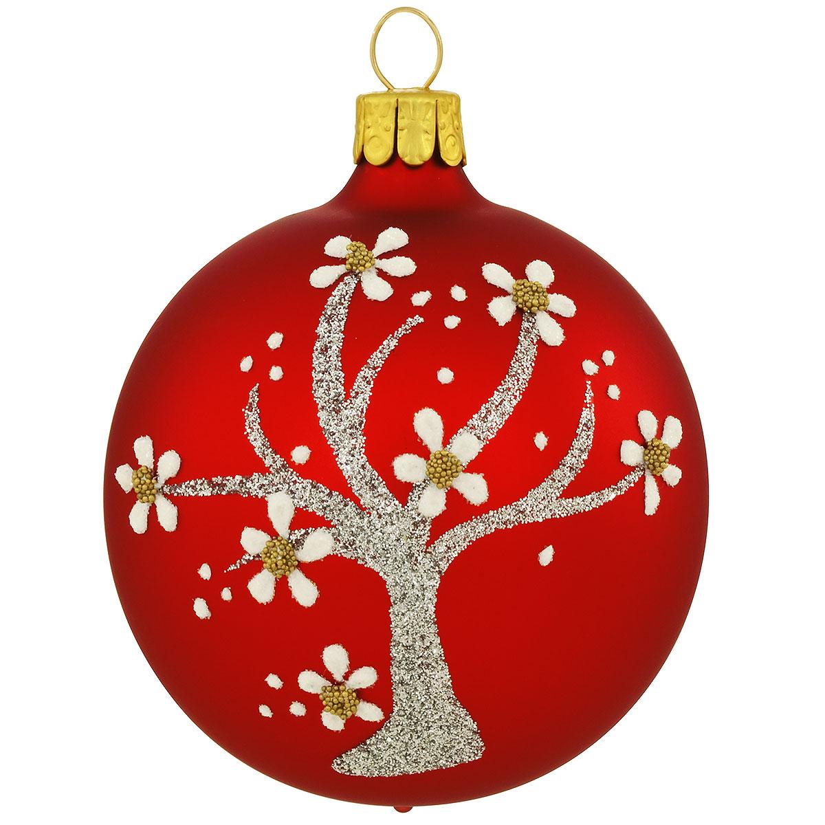 Floral Tree On Red Glass Ornament