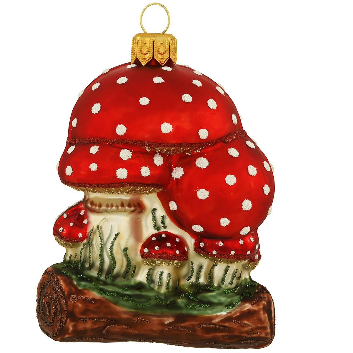 Mushrooms On Log Glass Ornament
