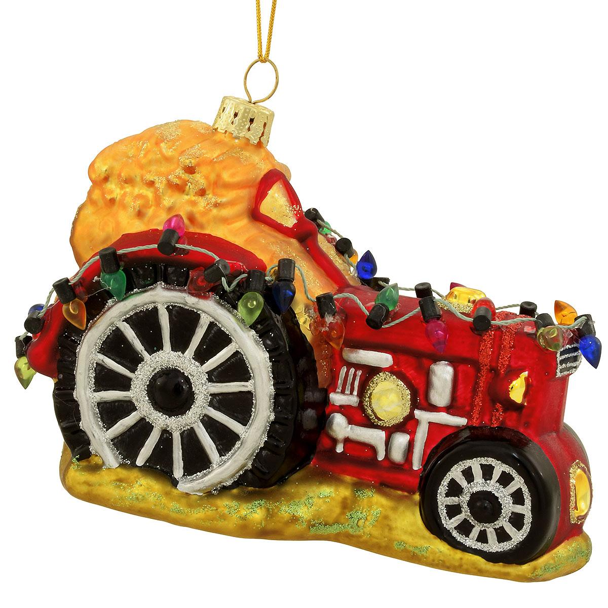 Tractor With Lights Glass Ornament