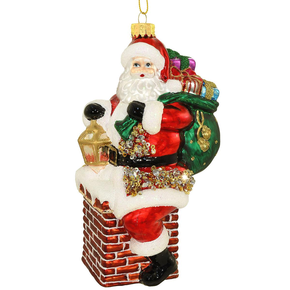 Santa On Chimney Glass Ornament
