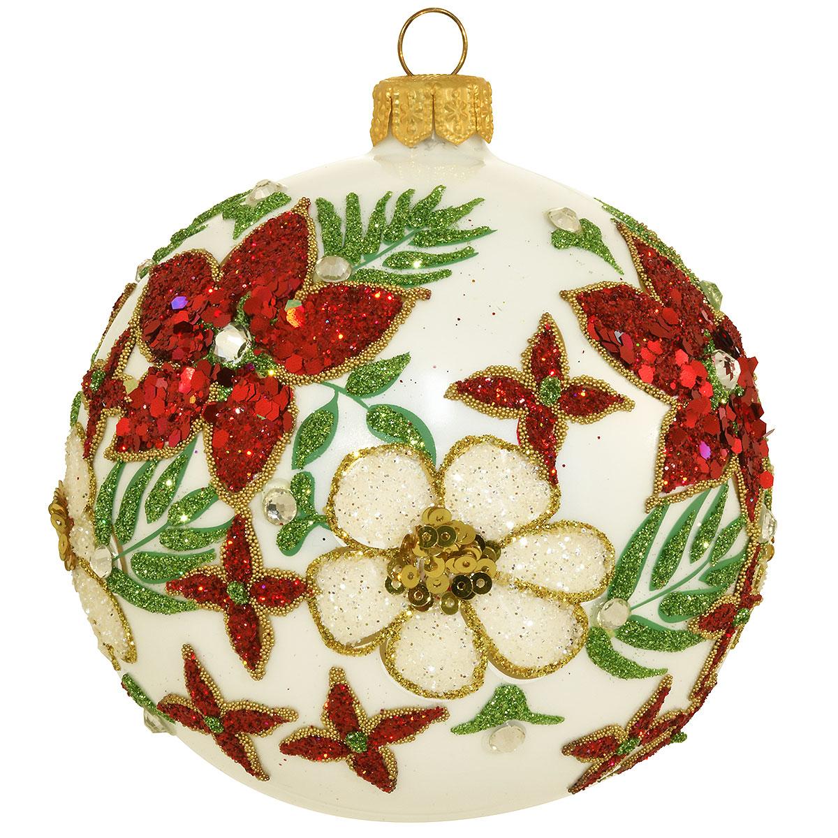 Beaded Flowers On White Ornament
