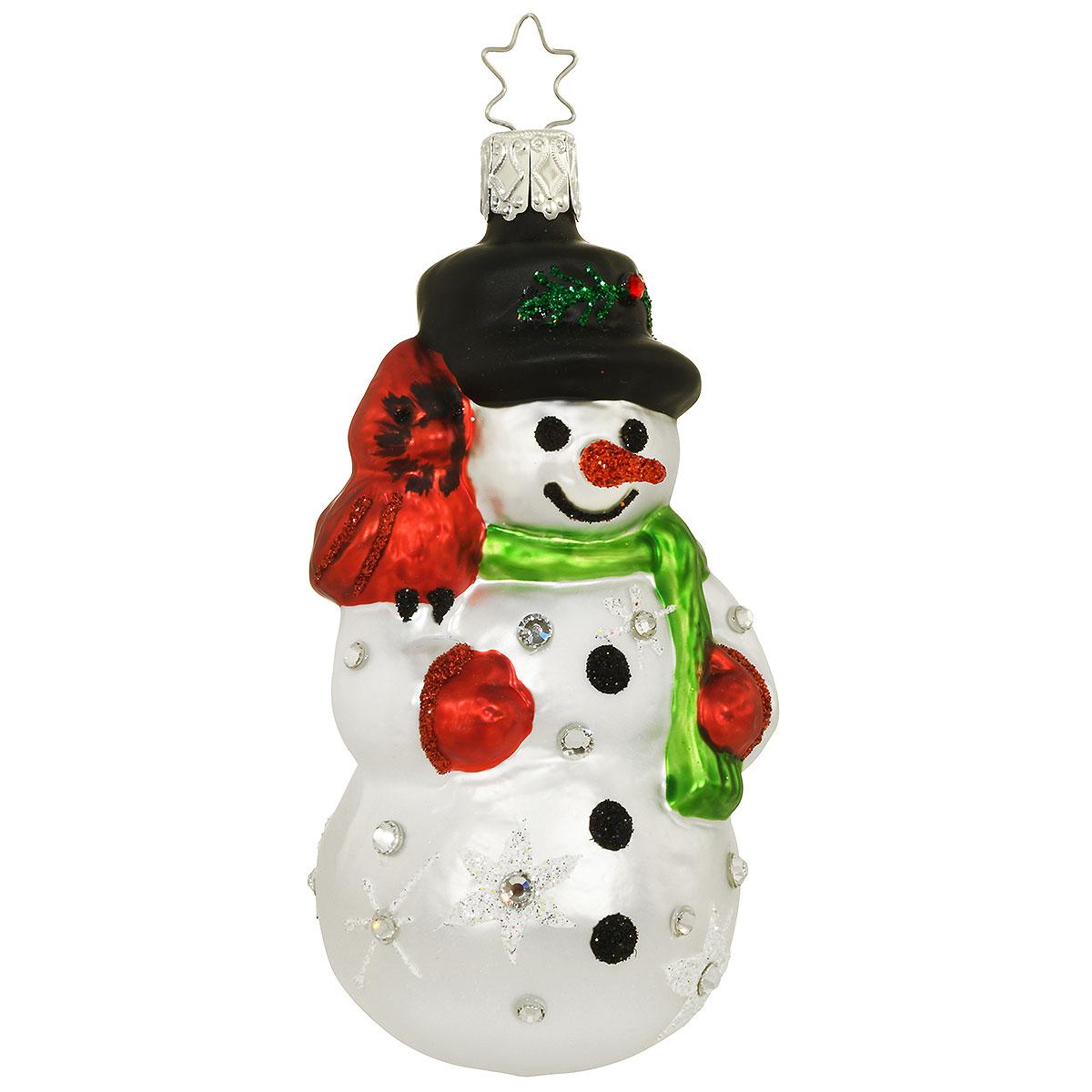 Dazzling Snowman With Cardinal Glass Ornament