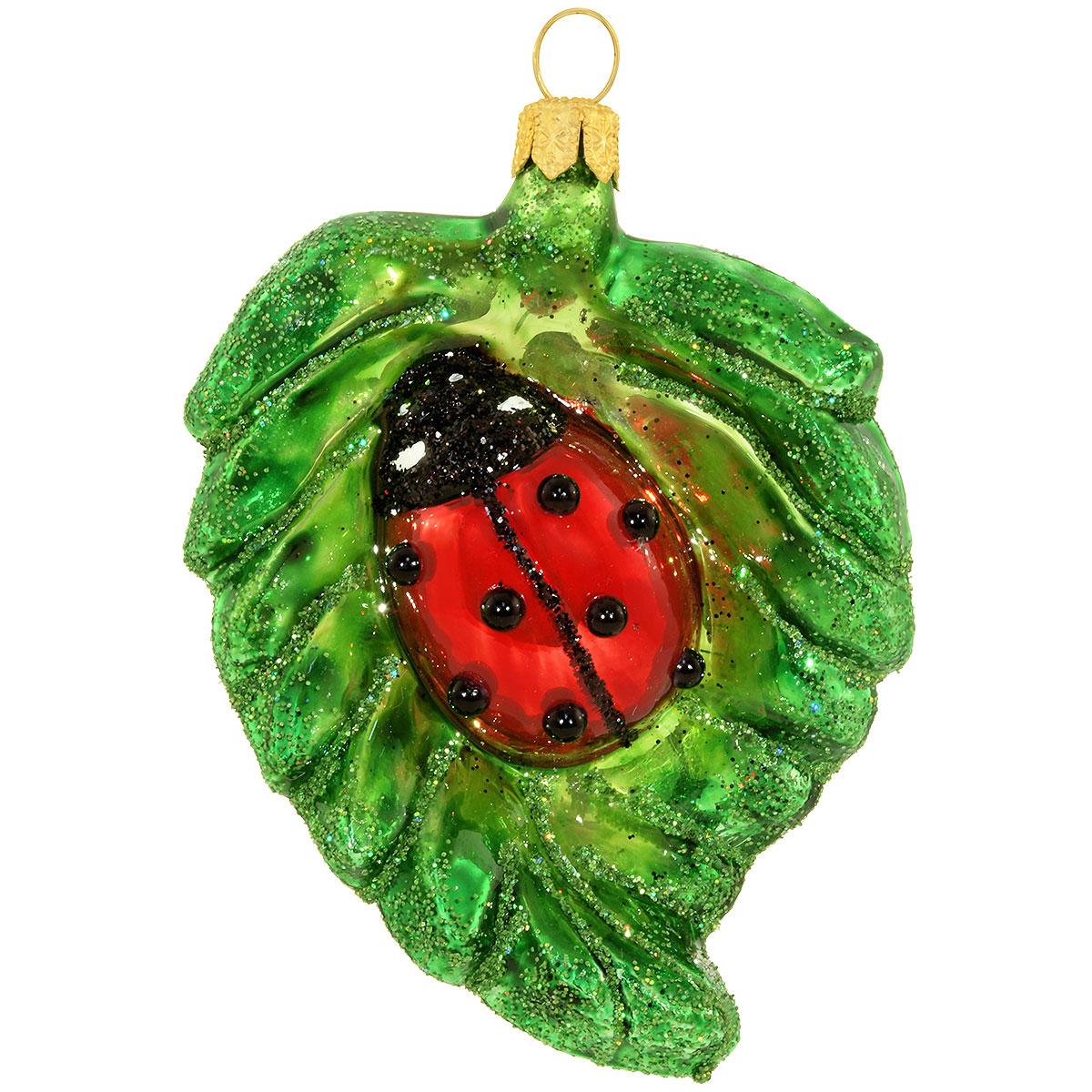 Ladybug On Leaf Glass Ornament