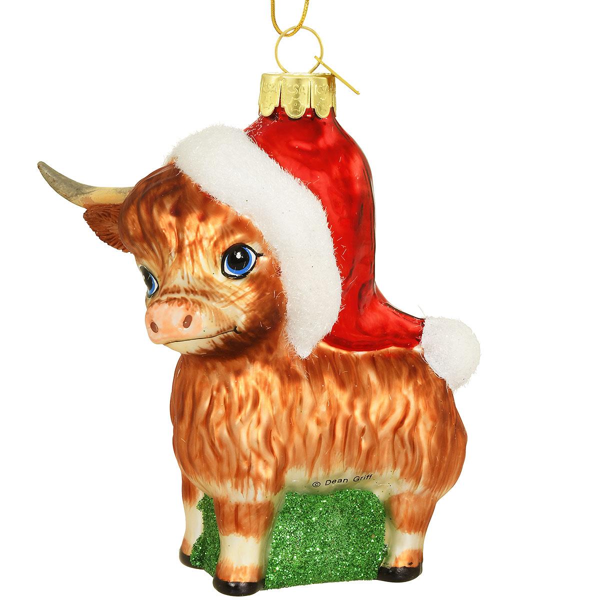 Highland Cow In Santa Hat Glass Orn