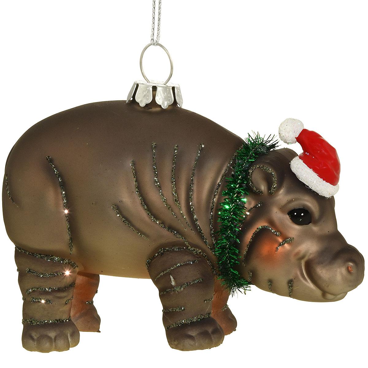 Hippo With Santa Hat Glass Ornament