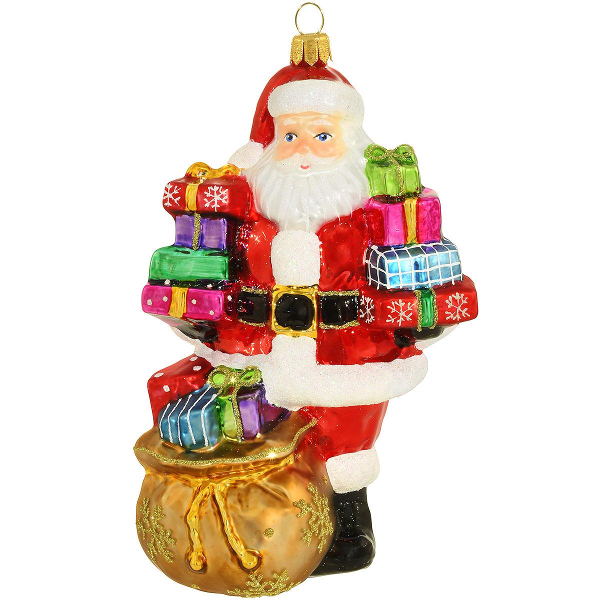 Santa With Gifts Glass Ornament