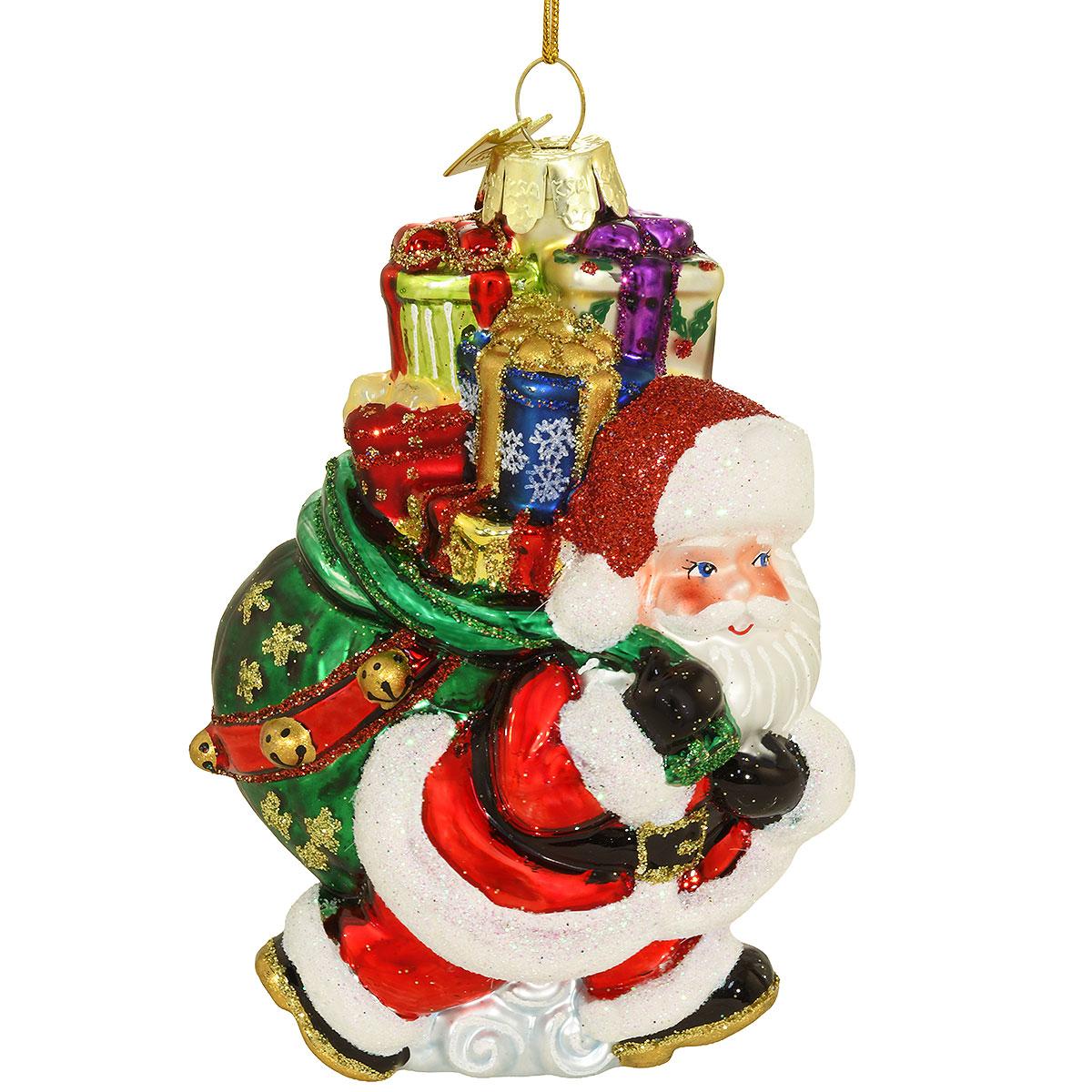 Santa With Gifts Glass Ornament