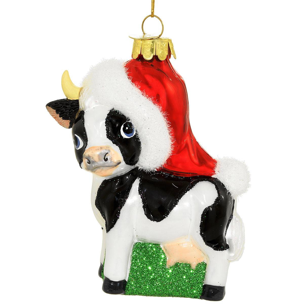 Cow With Santa Hat Glass Ornament