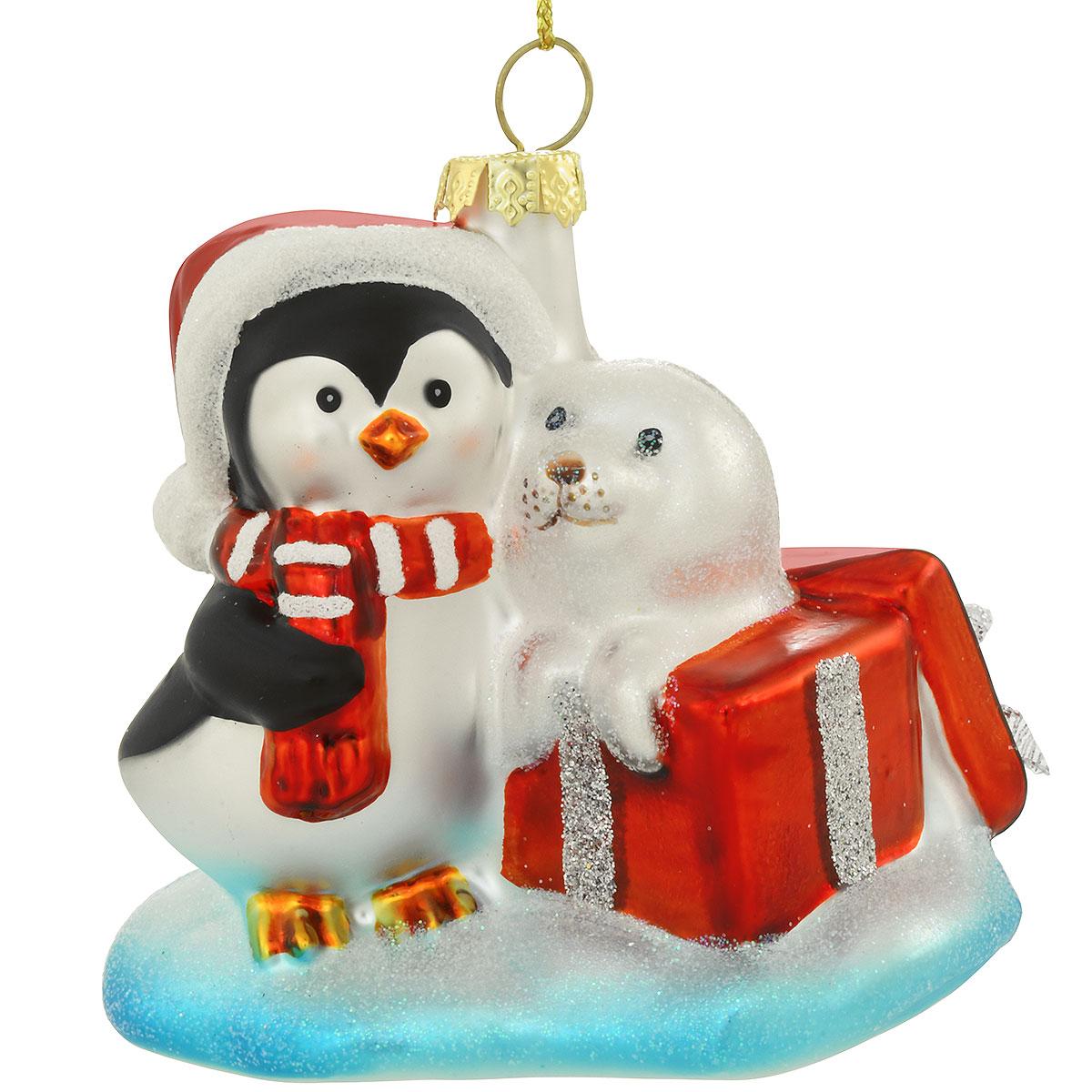 Penguin And Sea Lion Glass Ornament