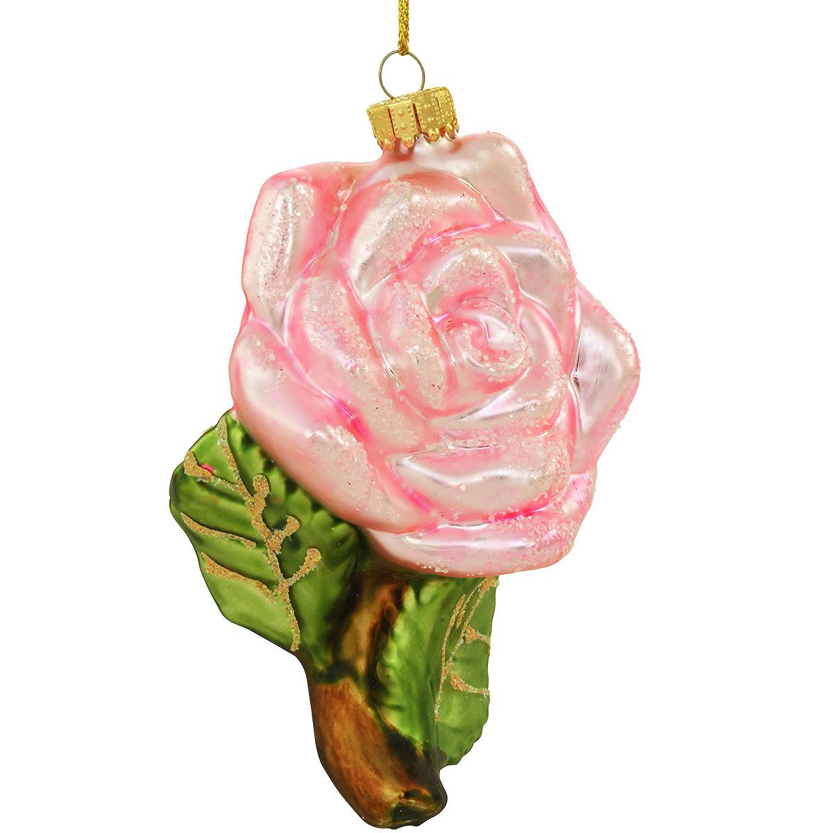 Pink Rose With Stem Glass Ornament
