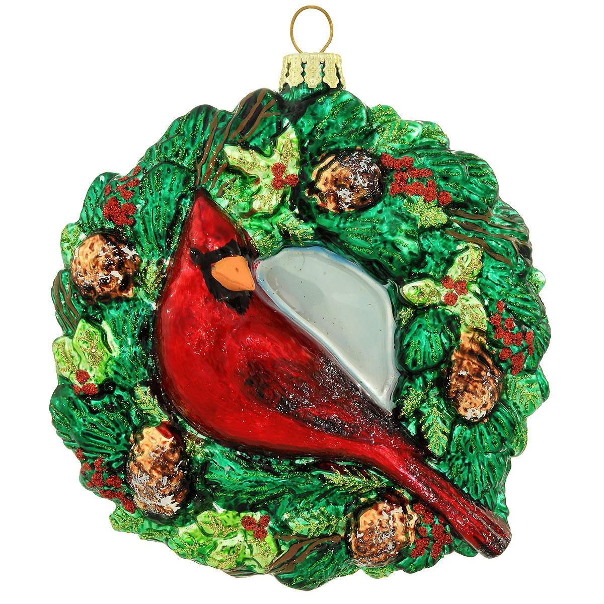 Cardinal In Wreath Glass Ornament