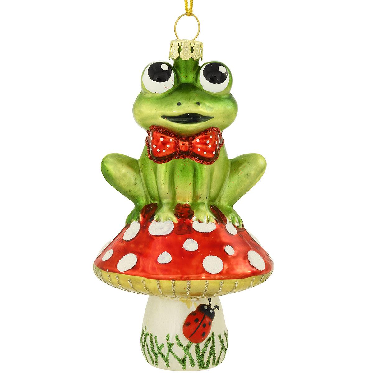 Frog On Mushroom Glass Ornament