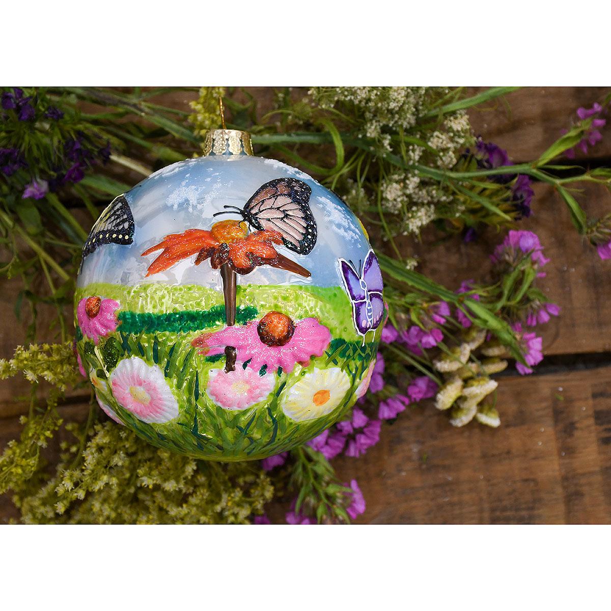 Butterflies And Flowers Raised-Relief Glass Ornament