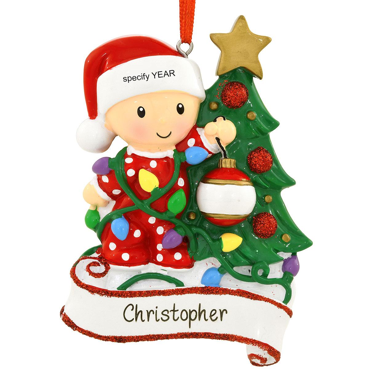 Personalized Baby Tangled In Lights And Decorating Tree Resin Ornament