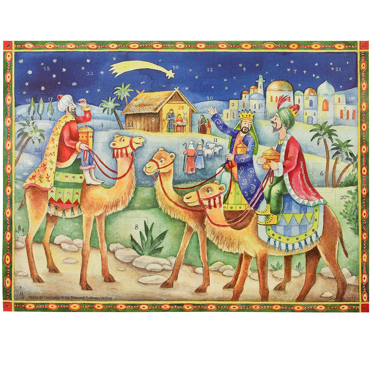 Three Kings On Camels With Nativity