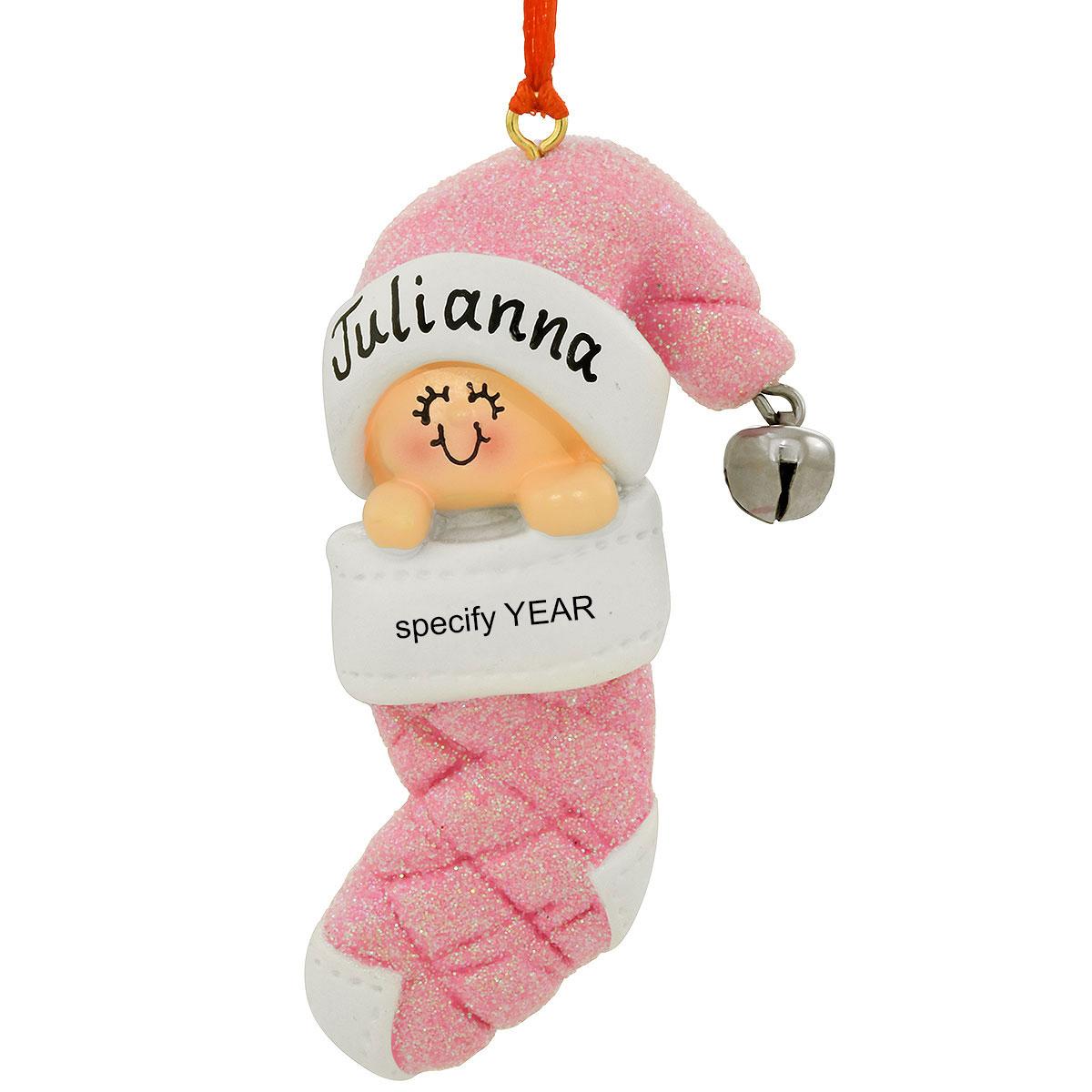 Personalized Baby In Stocking Pink Resin Ornament