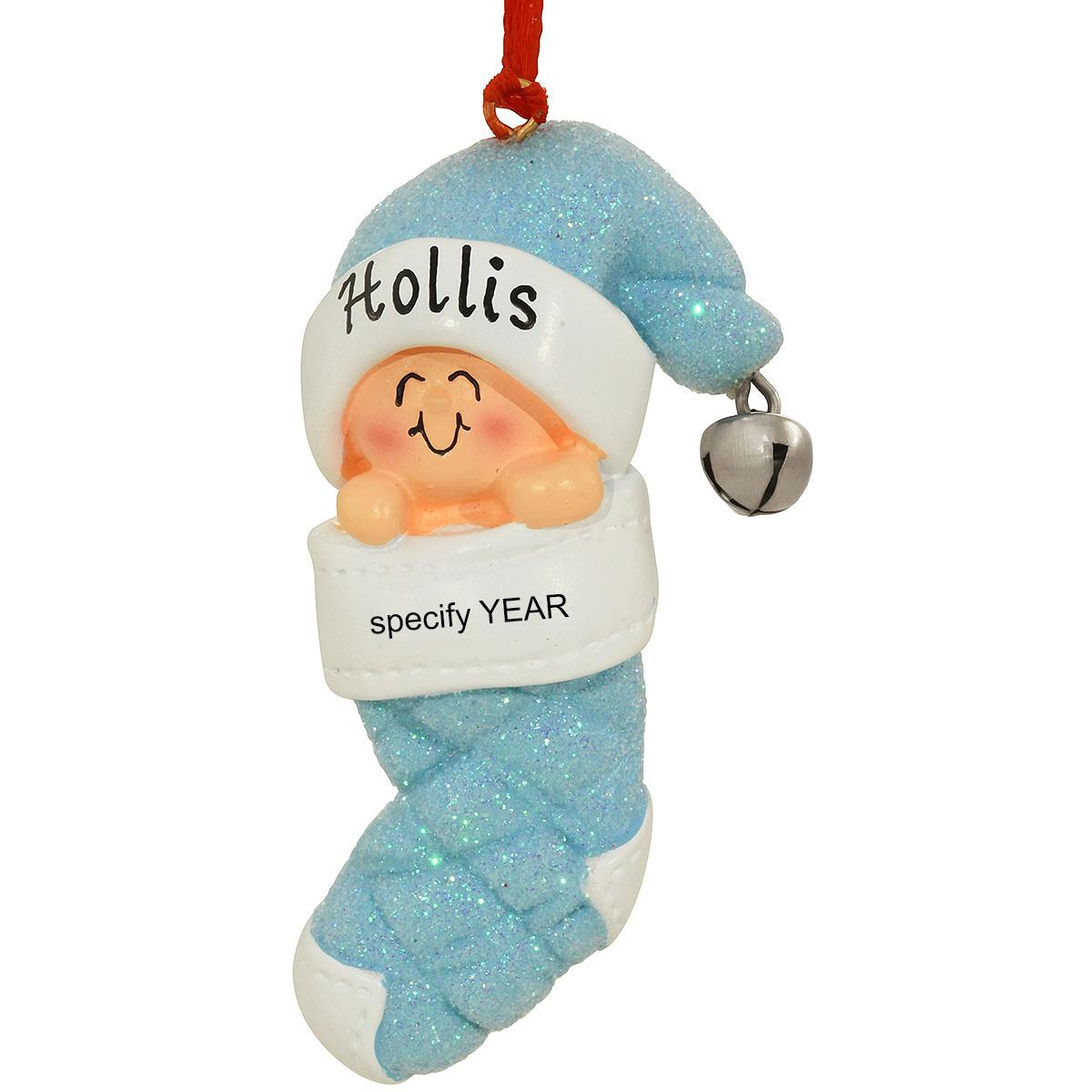 Personalized Baby In Stocking Blue Resin Ornament