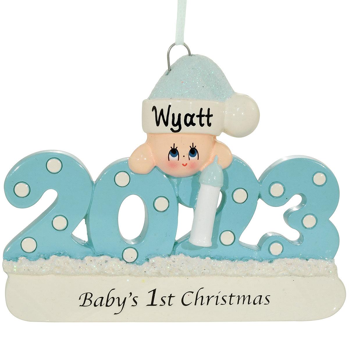 Personalized 2023 Baby's First Christmas Blue Resin Ornament