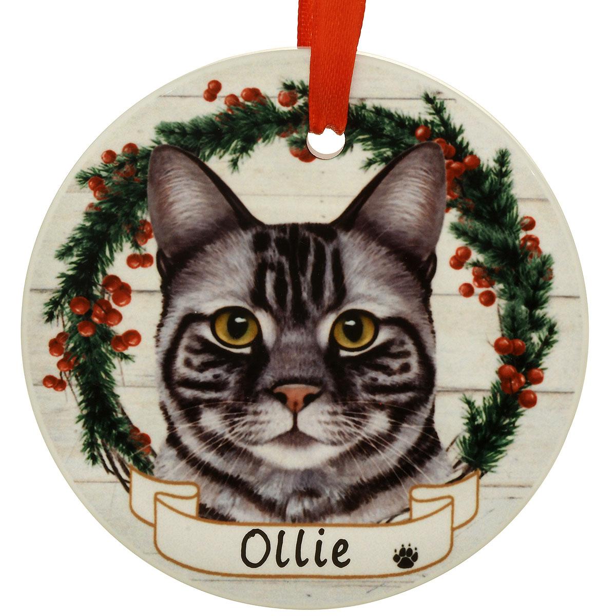 Personalized Grey Tabby Cat Ceramic Ornament