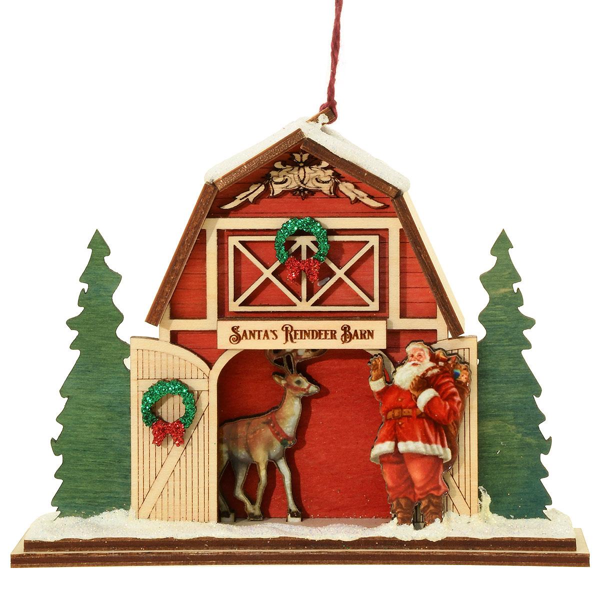 Santa’s Reindeer Barn Wood Ornament