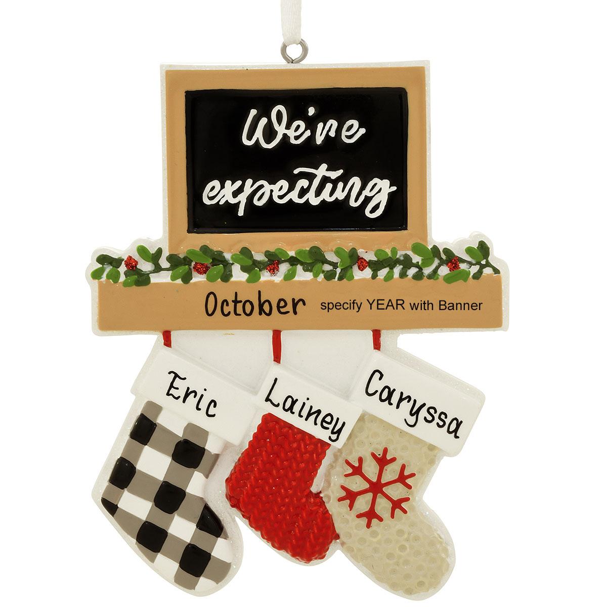 Personalized 'We're Expecting' Stockings On Mantle Family Of 3 Ornament
