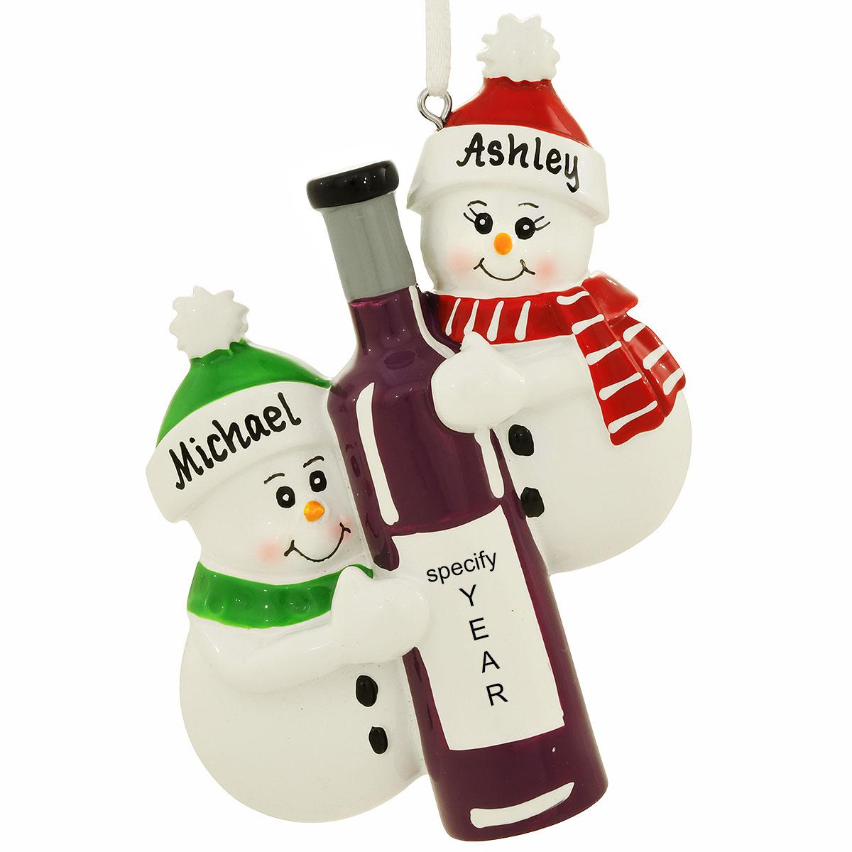 Personalized Snowmen Friends With Bottle Of Wine Ornament